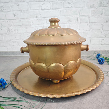 Antiker Bowletopf mit Tablett Messing EG Co. Ø 50 cm Jugendstil Art Deco dekorativ