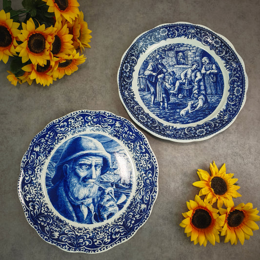 Boch Frères Wandteller Set blau-weiß Delft Bauernmotiv & Pfeifenraucher 35 cm Porzellan