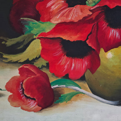 Ölgemälde Stillleben Mohnblumen Tabor 1950er Öl auf Hartfaserplatte mit Prunkrahmen