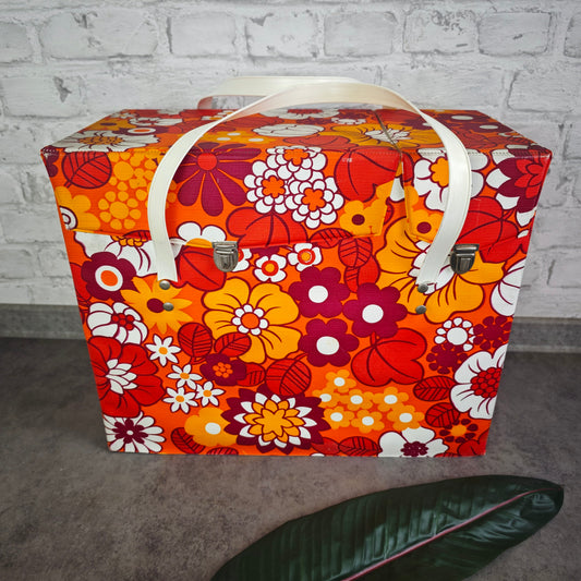 Vintage Kühltasche 70er Jahre Blumenmuster Hippie Flower Power orange rot Picknick Camping Festival Retro