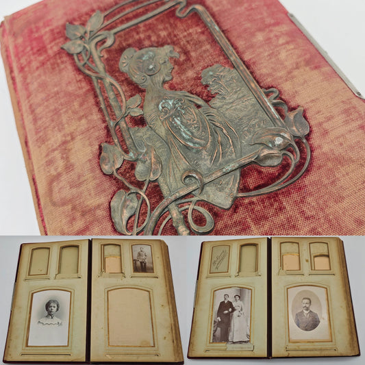 Kabinett-Fotoalbum Jugendstil Applikation Kupfer Samt rot Fotos 1900 Soldaten Hochzeit Zivil Kaiserzeit Goldrand Goldschnitt antik Nostalgie