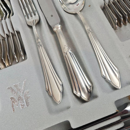 WMF Fächer Tafelbesteck 12 Personen Besteck Set Vorleger versilbert 90 Cromargan 72-teilig im Koffer Art Deco Jugendstil