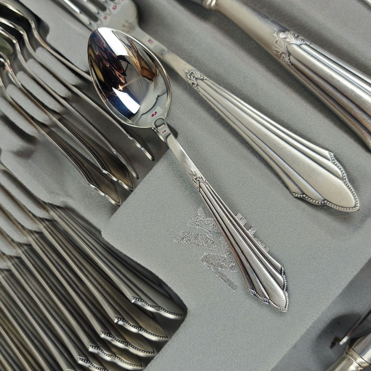 WMF Fächer Tafelbesteck 12 Personen Besteck Set Vorleger versilbert 90 Cromargan 72-teilig im Koffer Art Deco Jugendstil