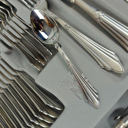 WMF Fächer Tafelbesteck 12 Personen Besteck Set Vorleger versilbert 90 Cromargan 72-teilig im Koffer Art Deco Jugendstil