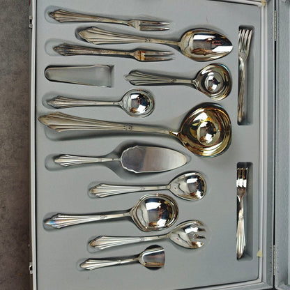 WMF Fächer Tafelbesteck 12 Personen Besteck Set Vorleger versilbert 90 Cromargan 72-teilig im Koffer Art Deco Jugendstil