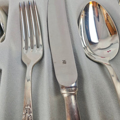 WMF Fächer Tafelbesteck 12 Personen Besteck Set Vorleger versilbert 90 Cromargan 72-teilig im Koffer Art Deco Jugendstil