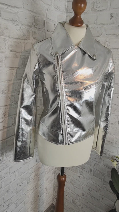 Smithroad Jacke metallic silber glänzend glossy Biker Kunstleder Lederimitat Gr. M neu mit Etikett Stagewear Bikerjacke Motorradjacke Spiegelglanz