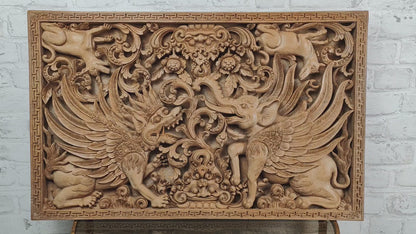 Großes Wandbild 3D Mythologisches Motiv Holz Schnitzerei Relief Garuda Ganesha Barong Asien Bali Thailand Indonesien handgeschnitzt Asiatika