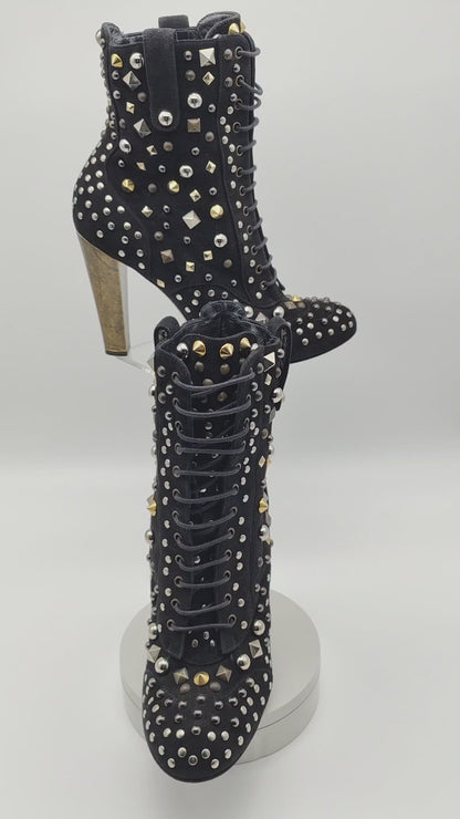 D&G Dolce & Gabbana ankle Boots Gr. 39 Nieten Spikes Absatz schwarz Leder Schnürstiefel Absatz Booties Schuhe