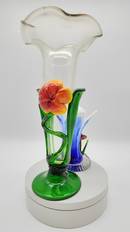 2x Glasvasen Blumen mundgeblasen Kunsthandwerk Set Handarbeit floral Blüte Blätter grün blau rot gelb Glaskunst