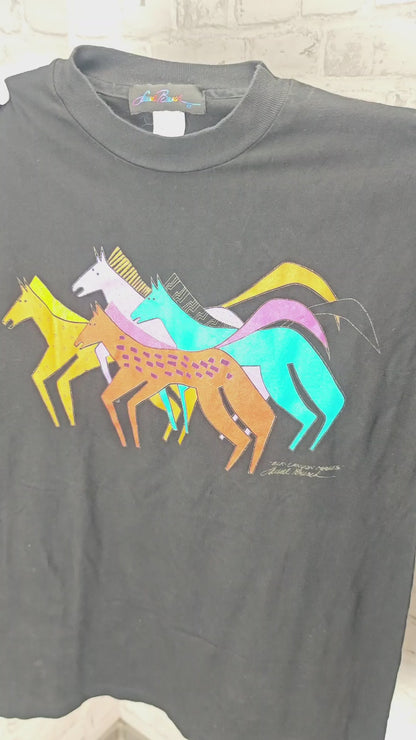 Laurel Burch Elk Canyon Mares T-Shirt Tee schwarz Pferde 1980er Onesize popart Kunst 80s Shirtkleid 90er Kunstdruck art hoe outfit vaporwave