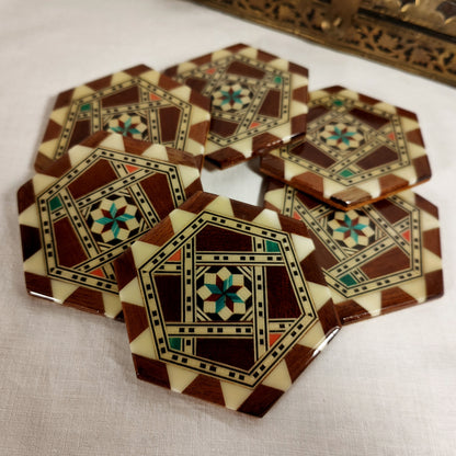 6x Glasuntersetzer Holz Intarsien Stern Untersetzer Set 6 Stück vintage Italian Fliesen Style Inlay Hexagon orientalisch glatt glänzend tile