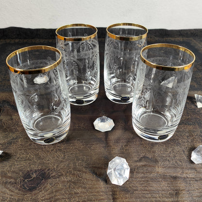 4x Bohemia Crystal Wasser Saft Glas Handarbeit Goldrand Barock Prunk edel vintage Gravur Jubiläum festlich Hochzeit Gala Event