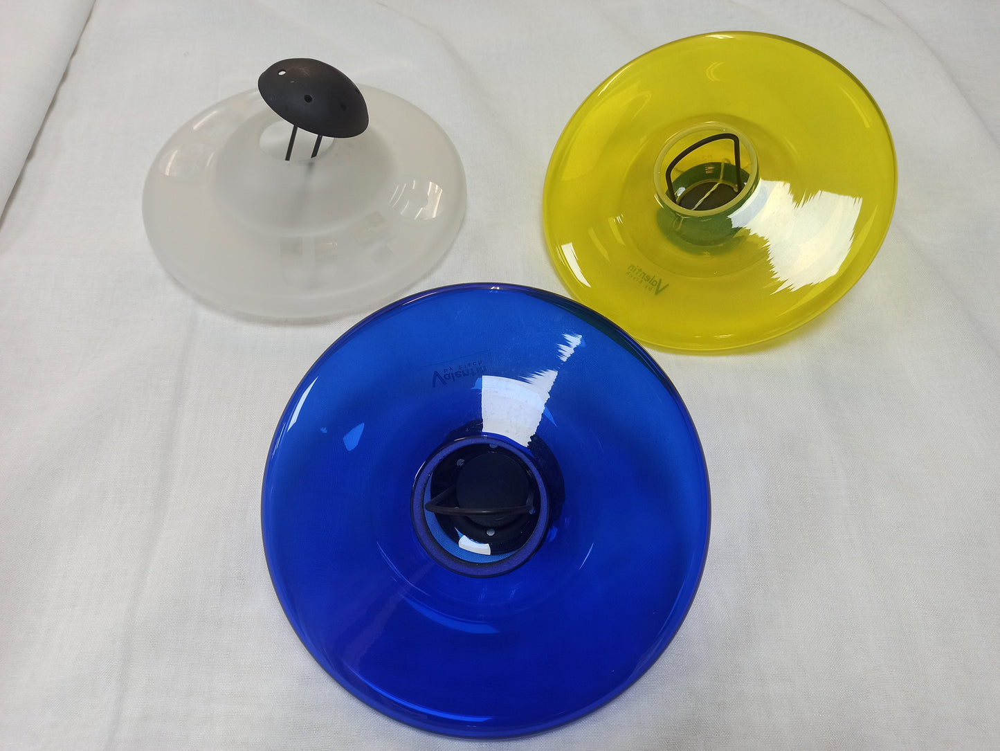 3x UFO Glas Lampe Valentin by Eisch Windlicht Set Space Age Pop Art Teelichthalter Kult 90er 90ies retro neon gelb blau Goa Techno rave Deko