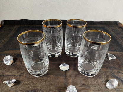 4x Bohemia Crystal Wasser Saft Glas Handarbeit Goldrand Barock Prunk edel vintage Gravur Jubiläum festlich Hochzeit Gala Event