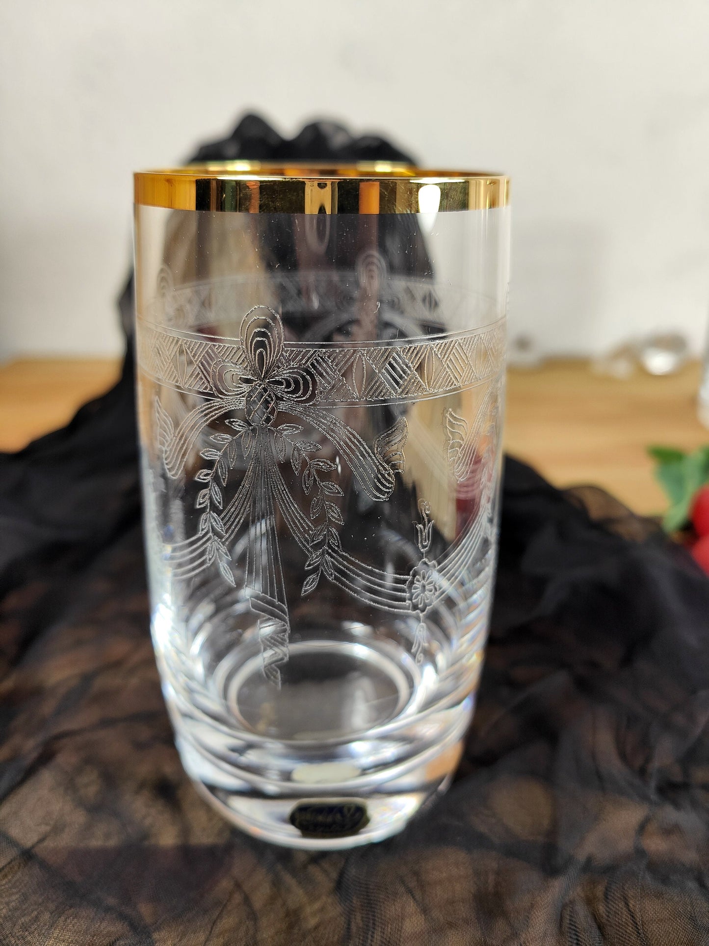 4x Bohemia Crystal Wasser Saft Glas Handarbeit Goldrand Barock Prunk edel vintage Gravur Jubiläum festlich Hochzeit Gala Event