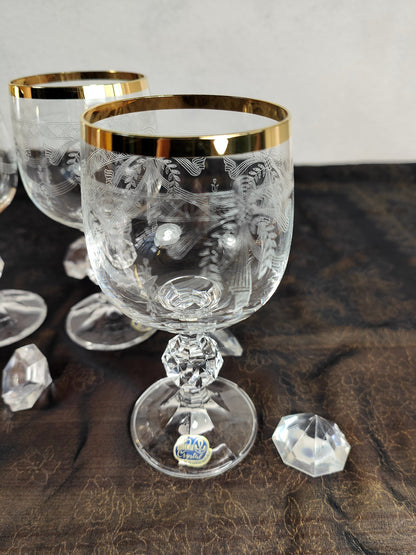 4x Bohemia Crystal Wein Glas Handarbeit Goldrand geschliffen Barock Prunk edel vintage Gravur Jubiläum festlich Hochzeit Gala Event