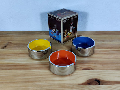 3x Aschenbecher Pop Art Rot Gelb Blau Chrom Melamin Mid Century 60er 70er Jahre rund Stapel stapelbar Party 3 Stück OVP vintage Set Geschenk