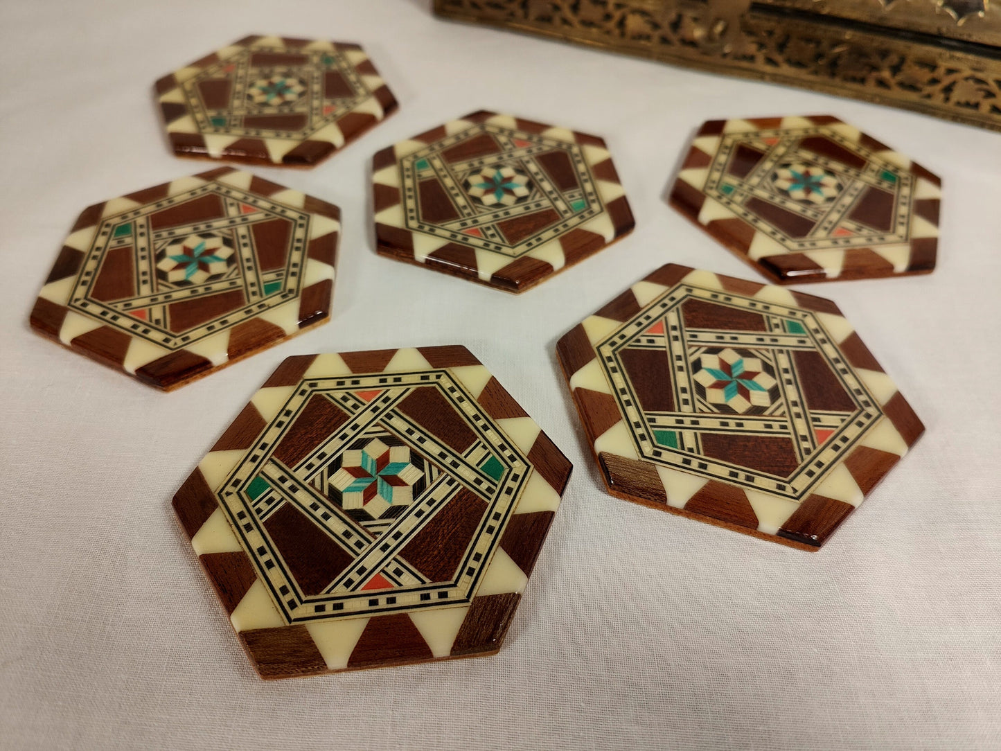 6x Glasuntersetzer Holz Intarsien Stern Untersetzer Set 6 Stück vintage Italian Fliesen Style Inlay Hexagon orientalisch glatt glänzend tile