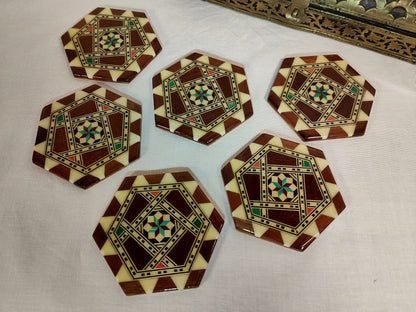 6x Glasuntersetzer Holz Intarsien Stern Untersetzer Set 6 Stück vintage Italian Fliesen Style Inlay Hexagon orientalisch glatt glänzend tile