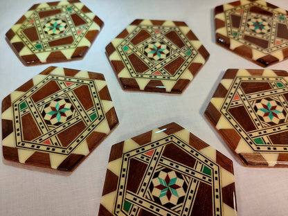 6x Glasuntersetzer Holz Intarsien Stern Untersetzer Set 6 Stück vintage Italian Fliesen Style Inlay Hexagon orientalisch glatt glänzend tile