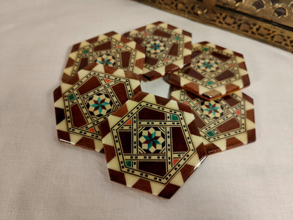 6x Glasuntersetzer Holz Intarsien Stern Untersetzer Set 6 Stück vintage Italian Fliesen Style Inlay Hexagon orientalisch glatt glänzend tile