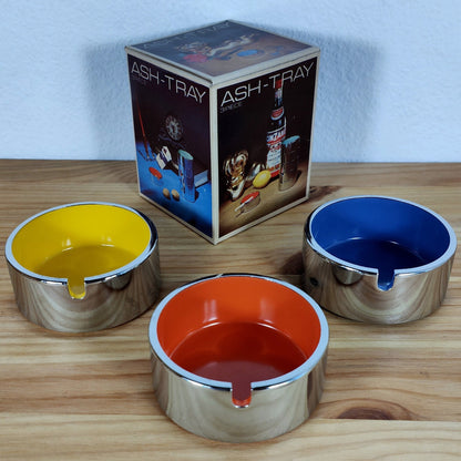 3x Aschenbecher Pop Art Rot Gelb Blau Chrom Melamin Mid Century 60er 70er Jahre rund Stapel stapelbar Party 3 Stück OVP vintage Set Geschenk