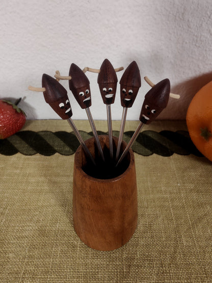 Cocktailspieße Sets Holz Motiv Wikinger Fisch Bowlespieße Olivenspieße Partyspieße Partygabeln Obst Käsegabel Midcentury Halter Partypicker