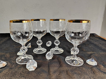 4x Bohemia Crystal Wein Glas Handarbeit Goldrand geschliffen Barock Prunk edel vintage Gravur Jubiläum festlich Hochzeit Gala Event