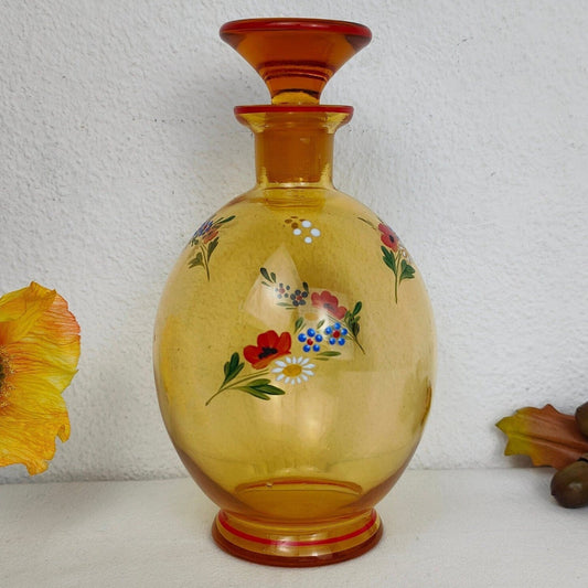 Antike Glas Karaffe Glasflasche handbemalt Mohn Blumen orange Stopfen Gefäß vintage cottagecore farmhouse Nostalgie light academia Dekanter Glaskunst