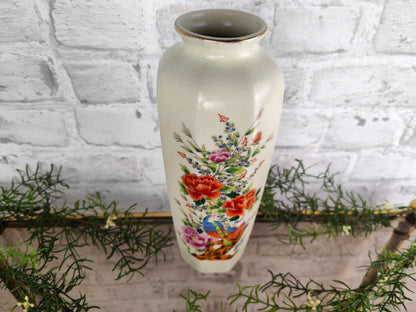 Japanische hohe Vase achteckig Keramik Blumen Vögel Craquele Octagon Goldrand Midcentury Stempel Asia Japandi Sushi Sakura Ikebana Asiatika