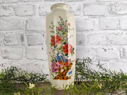 Japanische hohe Vase achteckig Keramik Blumen Vögel Craquele Octagon Goldrand Midcentury Stempel Asia Japandi Sushi Sakura Ikebana Asiatika