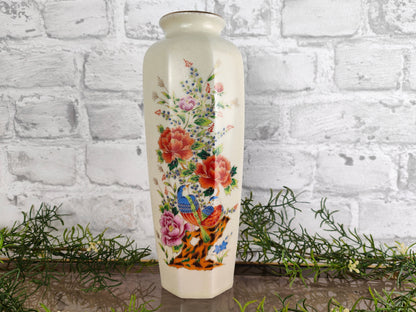 Japanische hohe Vase achteckig Keramik Blumen Vögel Craquele Octagon Goldrand Midcentury Stempel Asia Japandi Sushi Sakura Ikebana Asiatika