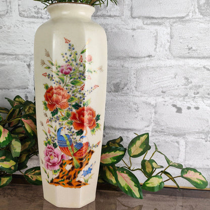 Japanische hohe Vase achteckig Keramik Blumen Vögel Craquele Octagon Goldrand Midcentury Stempel Asia Japandi Sushi Sakura Ikebana Asiatika