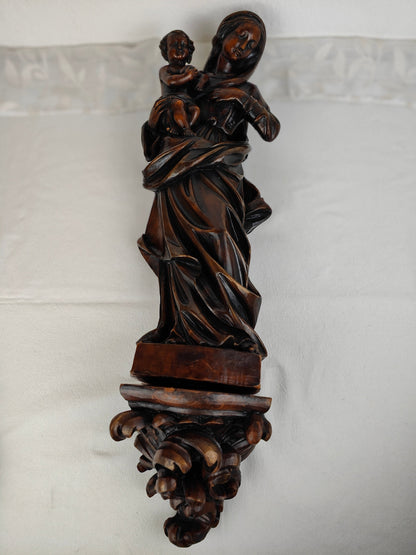 3x Wachsfiguren Set Madonna mit Jesuskind Engel Wandkonsole Marienfigur Sockel Figur Schnitzerei christlich religiöse Kunst Skulptur Putte Maria Jesus Andacht Gebet Schrein Hausaltar