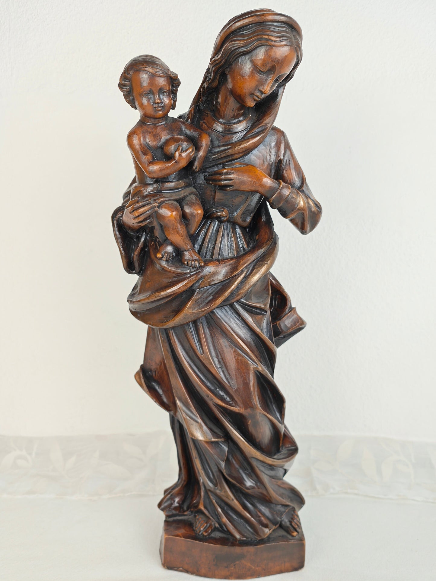 3x Wachsfiguren Set Madonna mit Jesuskind Engel Wandkonsole Marienfigur Sockel Figur Schnitzerei christlich religiöse Kunst Skulptur Putte Maria Jesus Andacht Gebet Schrein Hausaltar